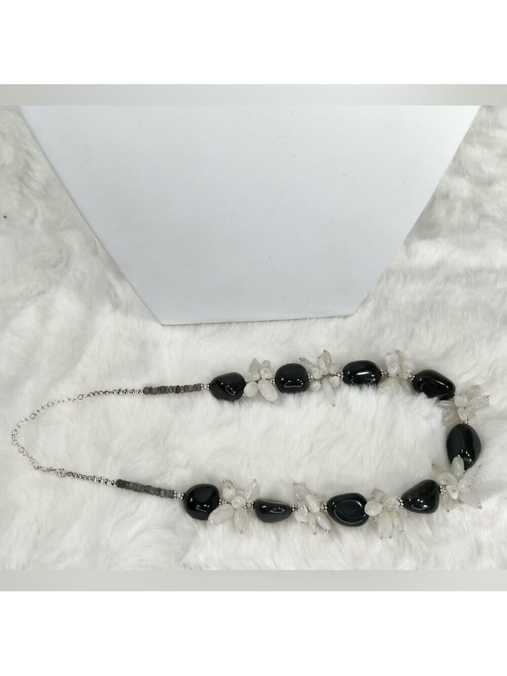 Silver Sheen Obsidian & Moonstone 925 Chunky Beaded Gemstone Necklace & Earrings - Picture 5 of 9